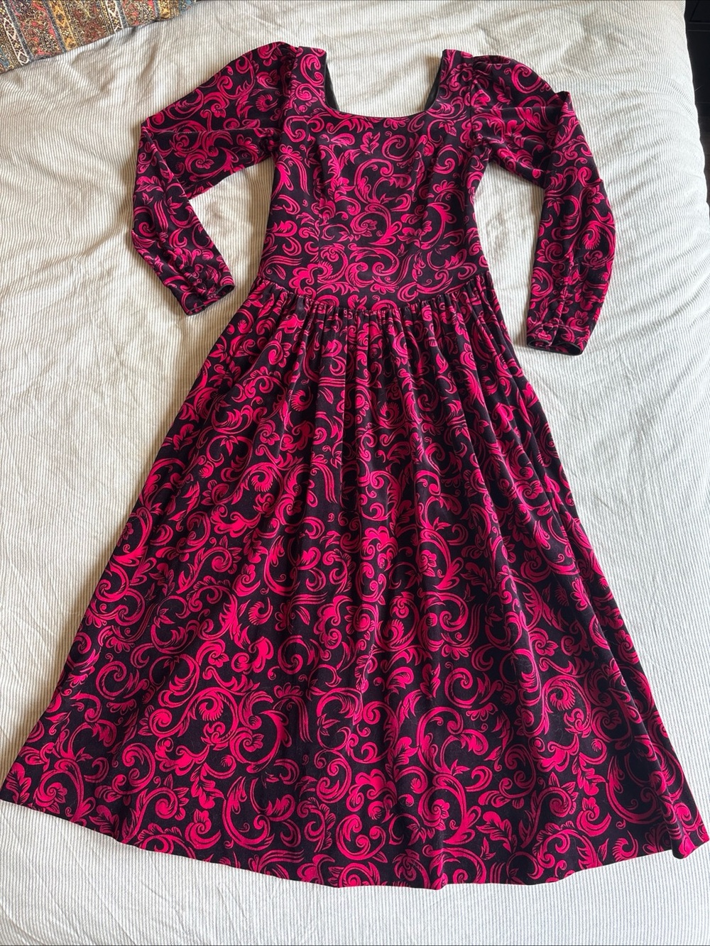 Vintage 90s Laura Ashley Pink Velvet Maxi Dress Size 8 Button Back Whimsigoth